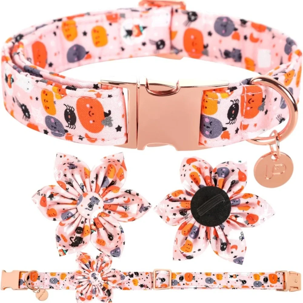New Halloween Dog Collar with Flower, Pumpkin Cotton Flower Collar  M Girl Dog, - Picture 5 of 10